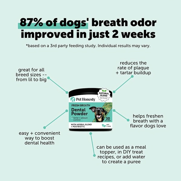 A clean, statistic-led 1:1 square graphic that uses social proof to communicate product efficacy and usage flexibility for dog dental care.